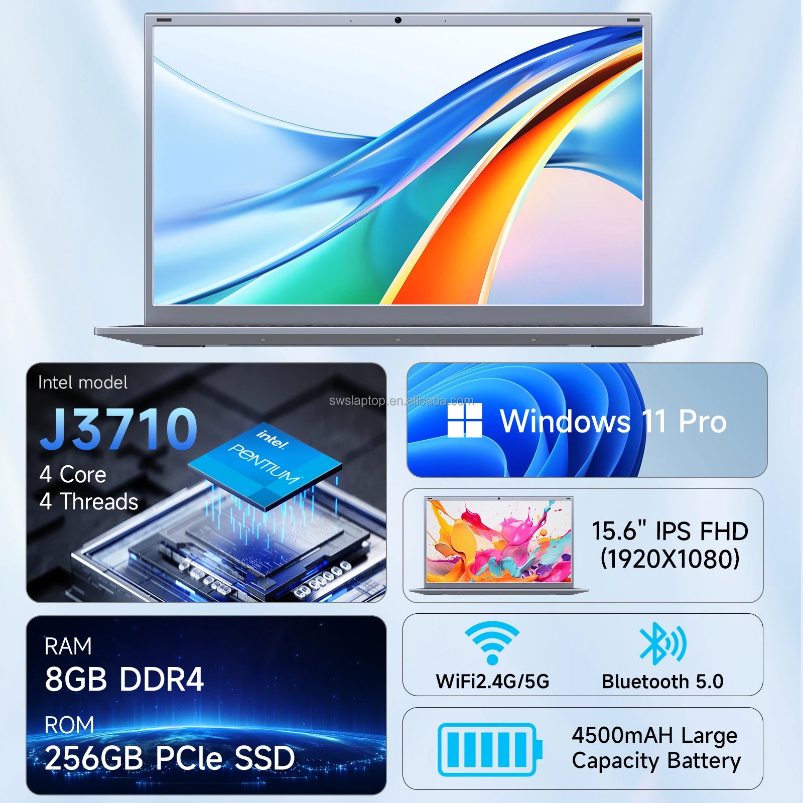 15.6" Laptop Computer 8GB RAM 256GB SSD Intel J3710 FHD IPS Display Wi-Fi 5 Windows 11 Laptop Business