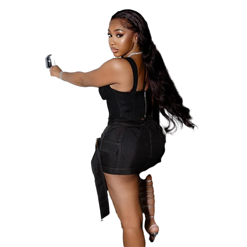 "New 2024 Women'S Sexy Zipper Fashion Solid Color Spliced Tank Top High Waist Wrap Hip Slim Fit Short Skirt 	 2 Piece Set Women"