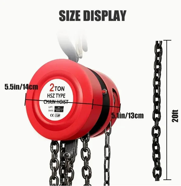 2 Ton (4400 Lbs) Industrial Steel Hand Chain Hoist, 20ft Lift, Red, for Warehouse/Workshop/Transport CE Certified