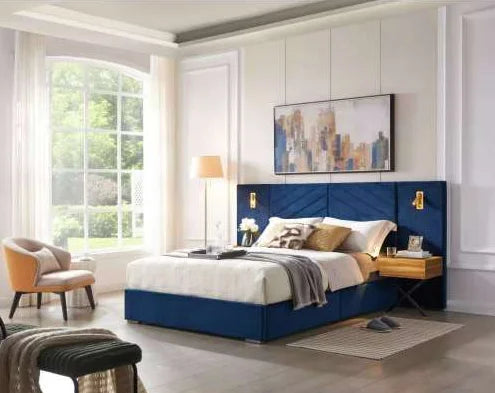 Queen Size Velvet Upholstered Platform Bed with Wingback Headboard Vertical Channel Tufting Living Room/Bedroom Furniture