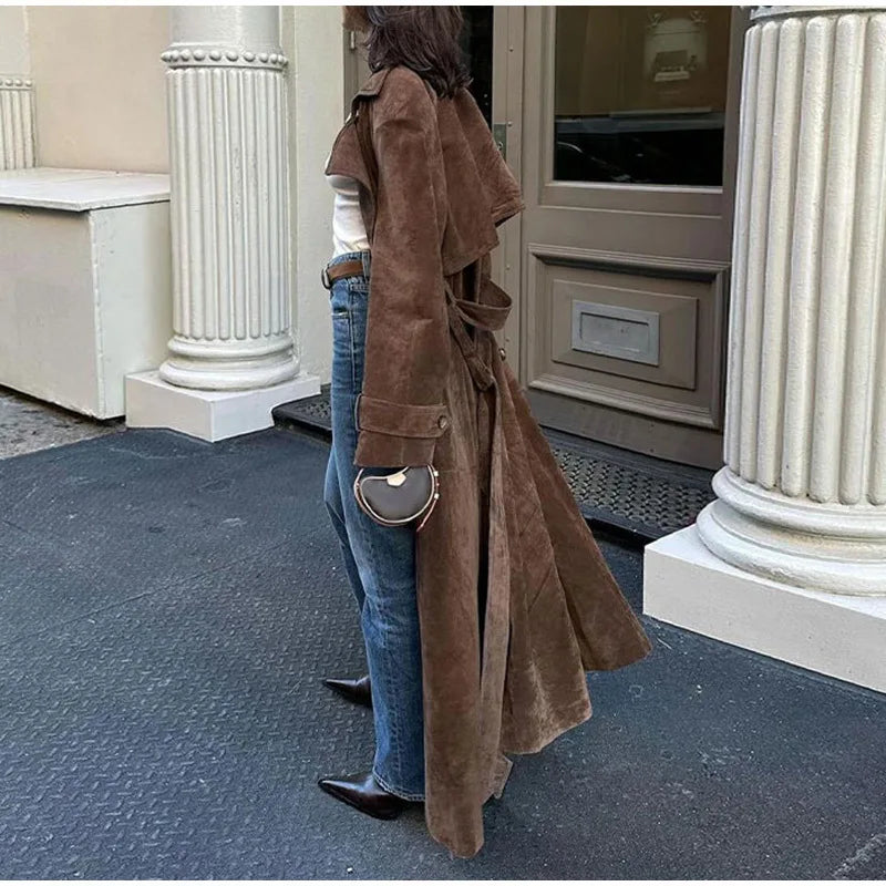 2025 Autumn Winter Elegant Suede Leather Belt Long Trench Brown Coat Fashion Warm Double Button Jacket High Quality Women Coat