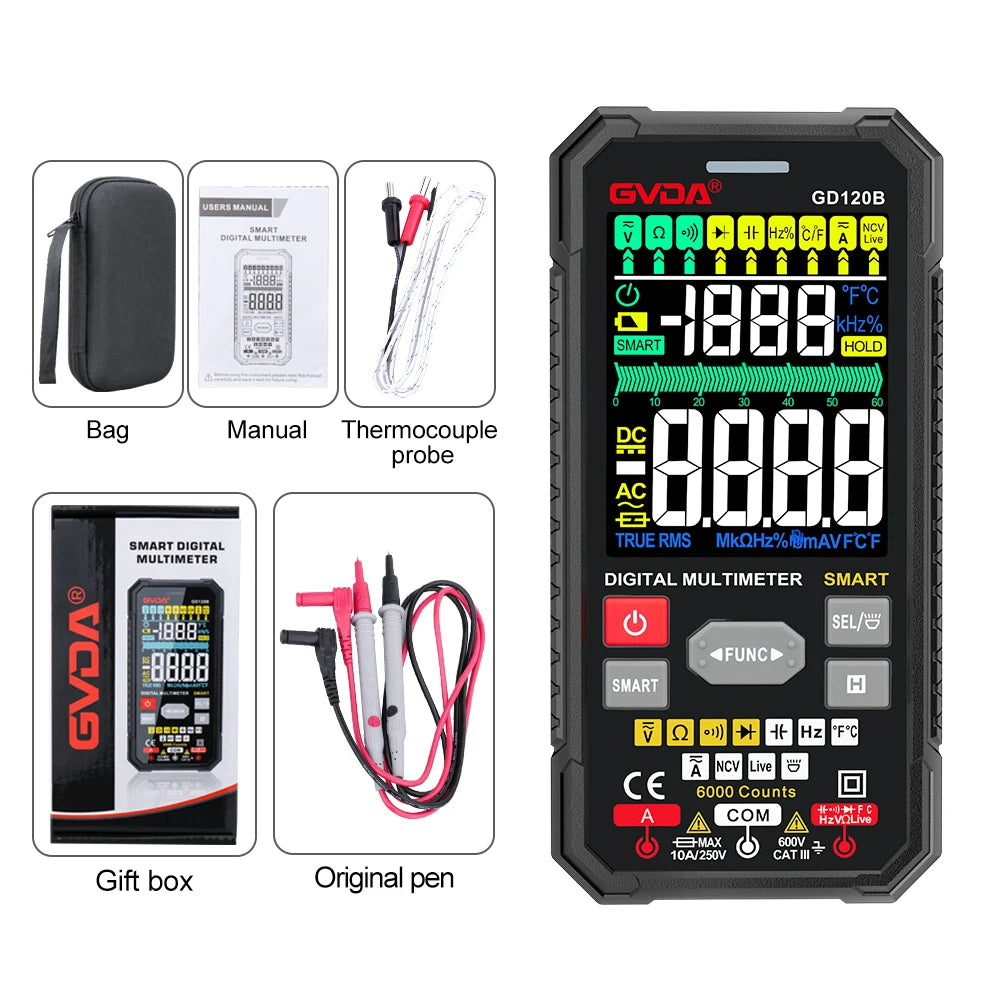 GVDA 6000 Counts Smart Digital Multimeter with Capacitance Ohm Diode Multimetro NCV Hz Live Wire test