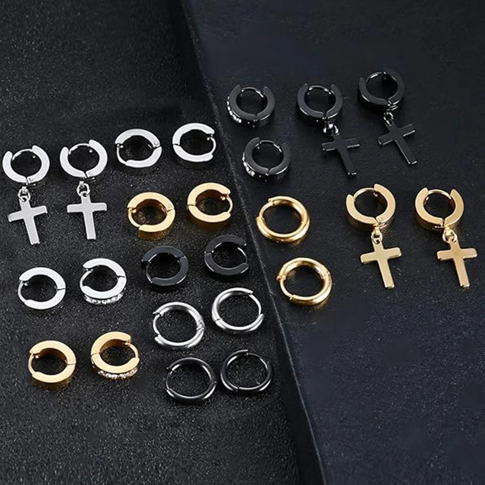 12 Pairs Stainless Steel Small Hoop Earrings Set Huggie Earrings CZ Inlaid Dangle Hinged  Stud Earrings for Mens