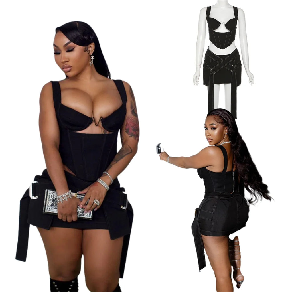 "New 2024 Women'S Sexy Zipper Fashion Solid Color Spliced Tank Top High Waist Wrap Hip Slim Fit Short Skirt 	 2 Piece Set Women"