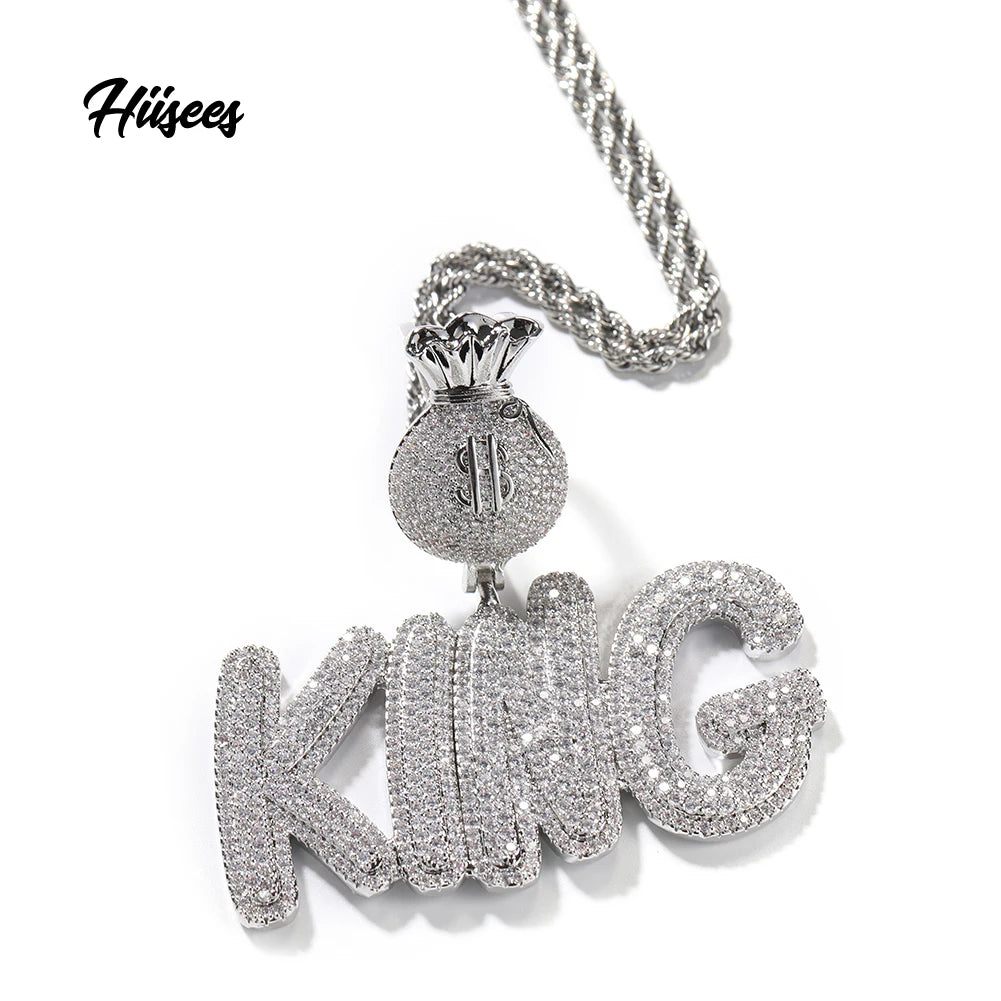 2023 New AAA CZ King Pendant Necklace Iced Out Bling Silver Color Cubic Zirconia US Dollar Buckle Charm Women Men Hiphop Jewelry