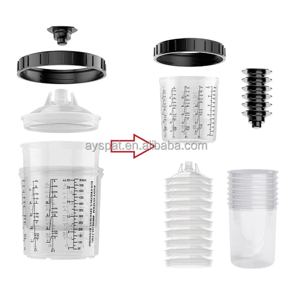 1.0 Disposable Paint Spray Gun Cup Liners and Lid System, 650mL Kit, 50 Pack