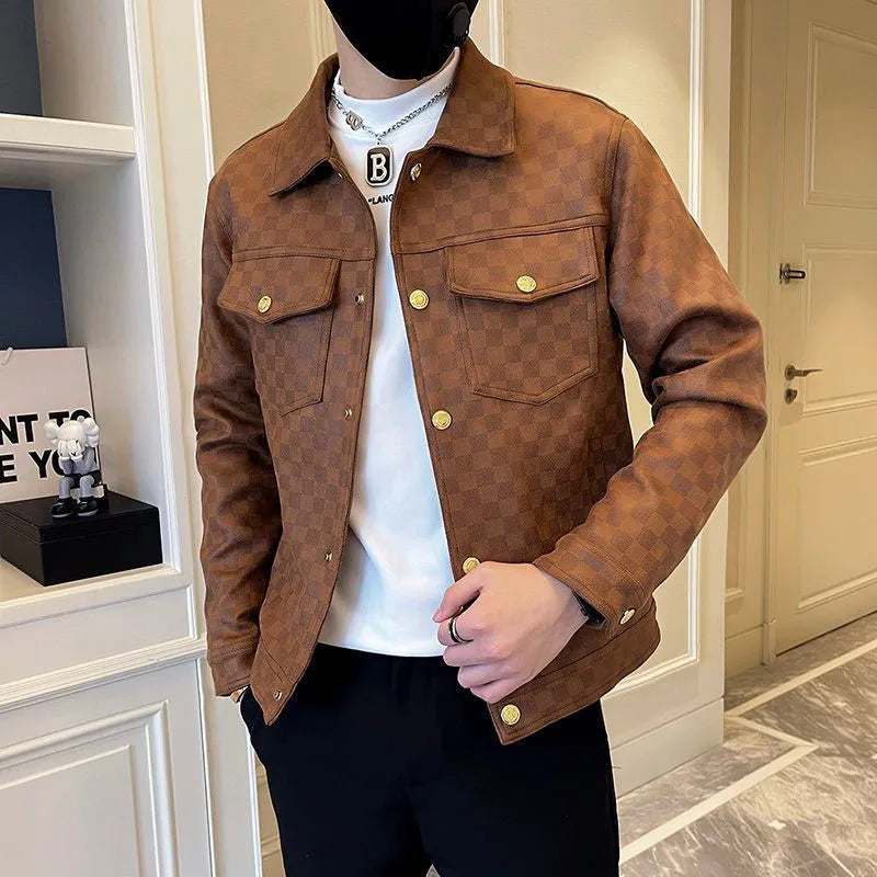 2025 Autumn Winter Suede Plaid Jacket for Men Lapel Slim Fit Casual Business Bomber Jacket Social Streetwear Windbreaker Coat