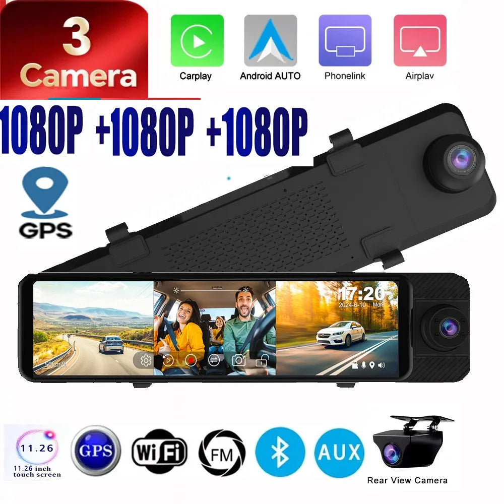12Inch 3 CHs Triple Way Front Rear and Right 2.5K Rearview Mirror Dash Cam with GPS Carplay & Android Auto WIFI Phone APP