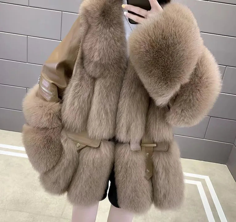 2023 New Arrival Winter Thick Warm Leather Fur Jacket Women Real Fox Fur Coat