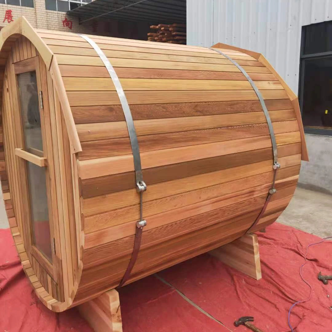 2021 Popular 4-6 Person 1800*2400 MM Outdoor Sauna Room With Porch Traditional Solid Wood Canadian Pine/Hemlock/Red Barrel