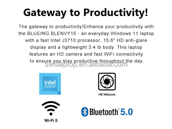 15.6" Laptop Computer 8GB RAM 256GB SSD Intel J3710 FHD IPS Display Wi-Fi 5 Windows 11 Laptop Business