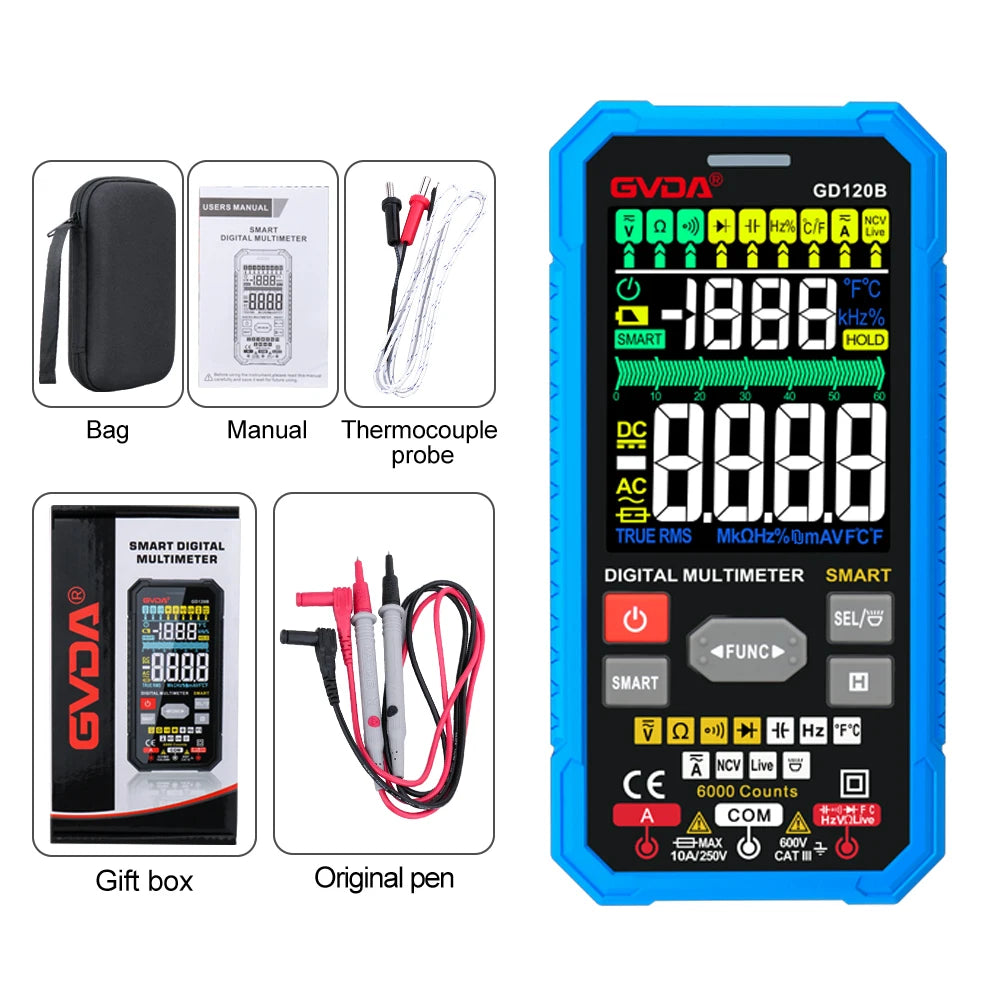 GVDA 6000 Counts Smart Digital Multimeter with Capacitance Ohm Diode Multimetro NCV Hz Live Wire test