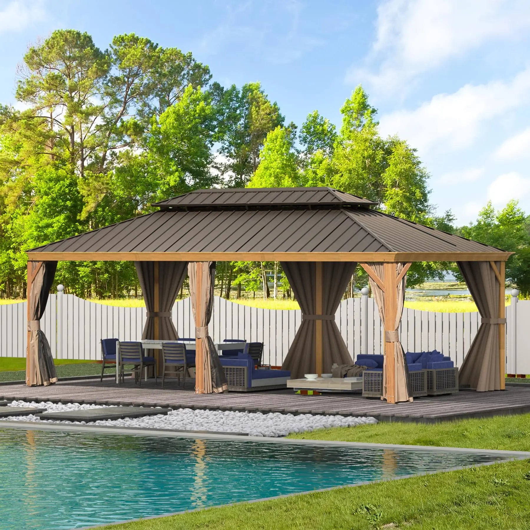 14'x24' Hardtop Aluminum Outdoor Gazebo Canopy Extra Large Double Roof Curtains Galvanized Steel Pavilion for Patio Deck