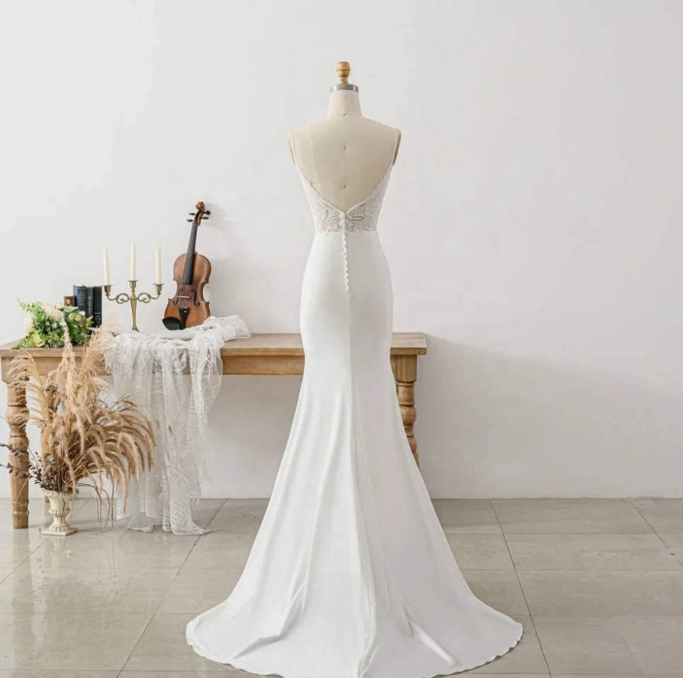 11363 #French Elegant Open Back Trumpet Sleeveless Satin Wedding Dress 2021 V Neck Sweep Train Spaghetti Straps  Bridal Gowns
