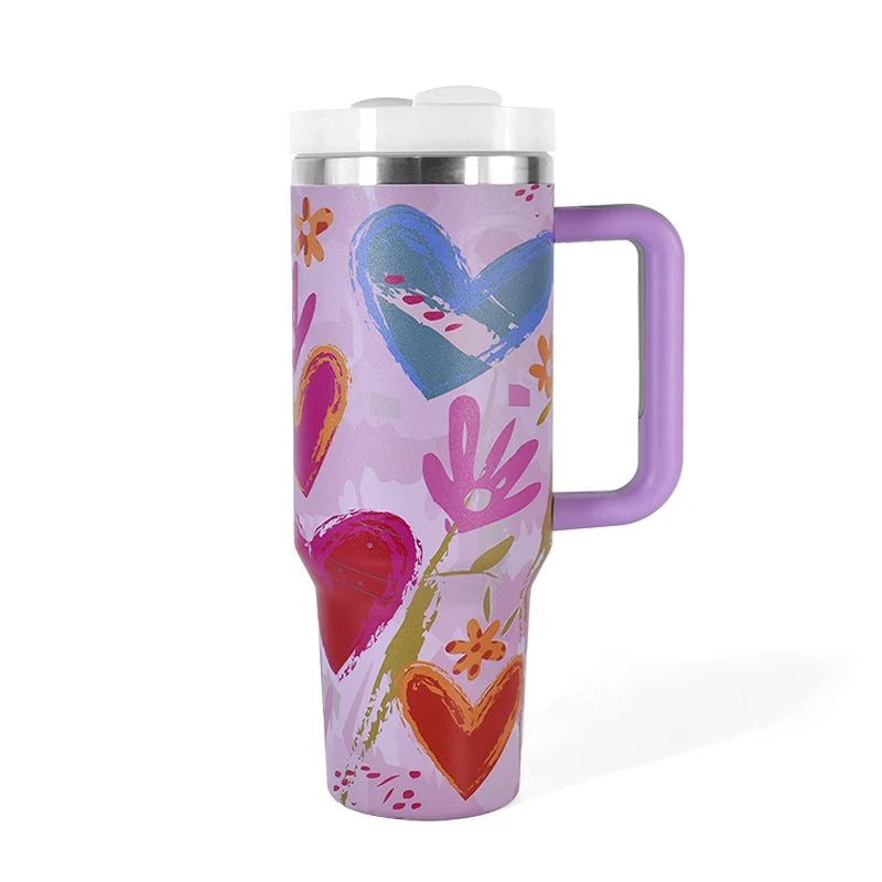 USA Shipped 40oz Stainless Steel Tumbler 3D Printed Pink Flower Travel Mug Luxury Flexible Handle for Hot Cold Beverages
