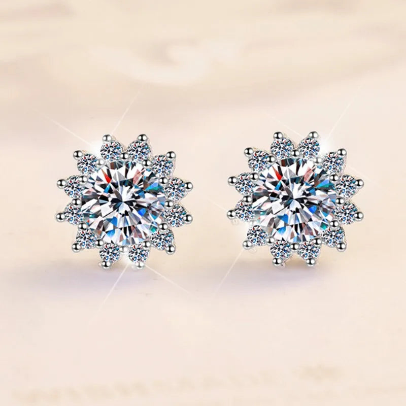 Husky Jewelry Sunflower Fashion Wedding Party 925 Silver Crystal 1Ct*2 VVs1 Moissanite Diamond Stud Earrings