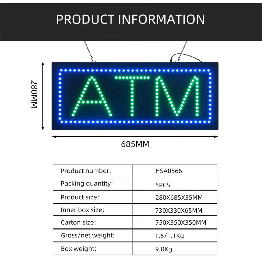 11*27 Inch High Bright ATM Bank Building Sign, Led Advertising Street Light Animated Signage