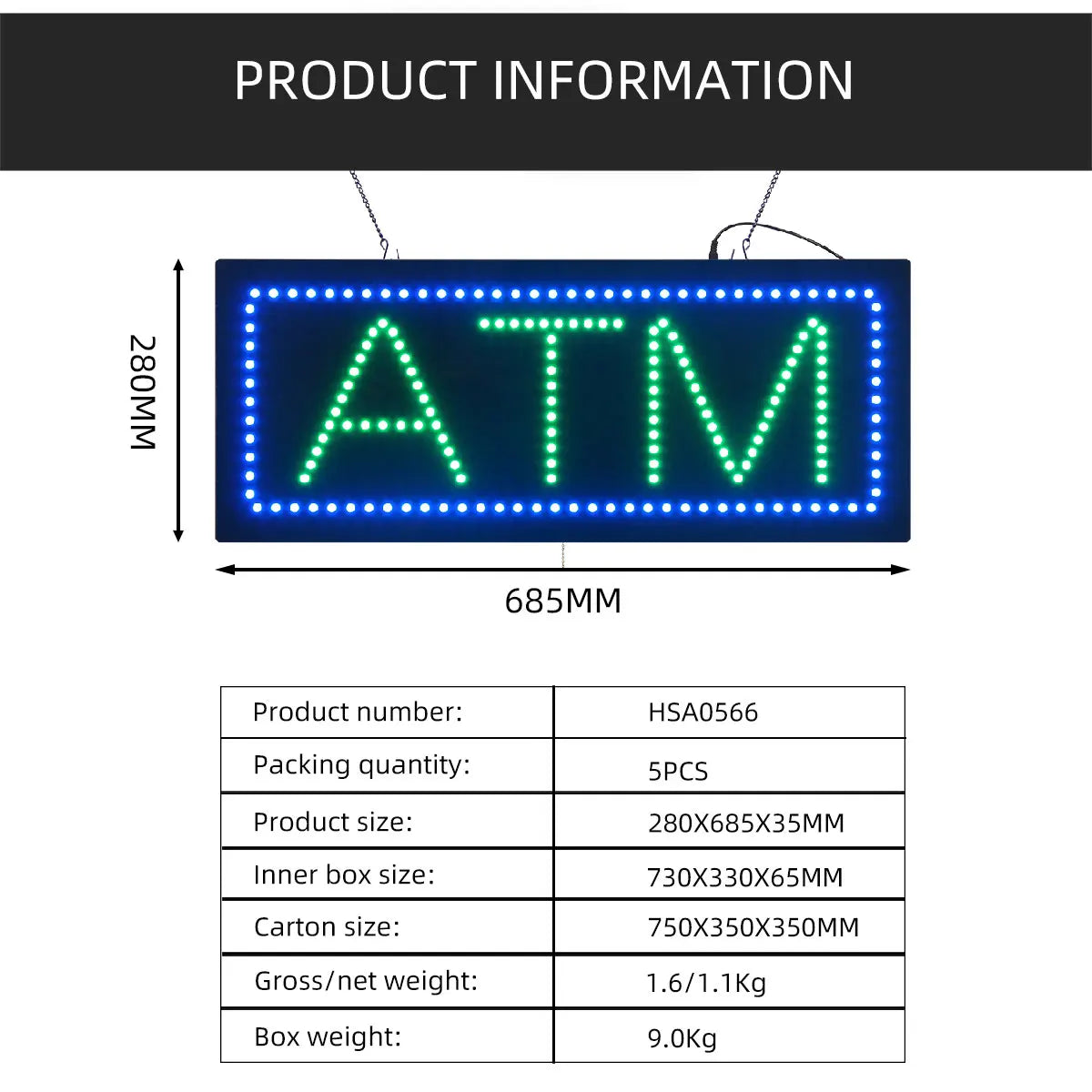 11*27 Inch High Bright ATM Bank Building Sign, Led Advertising Street Light Animated Signage