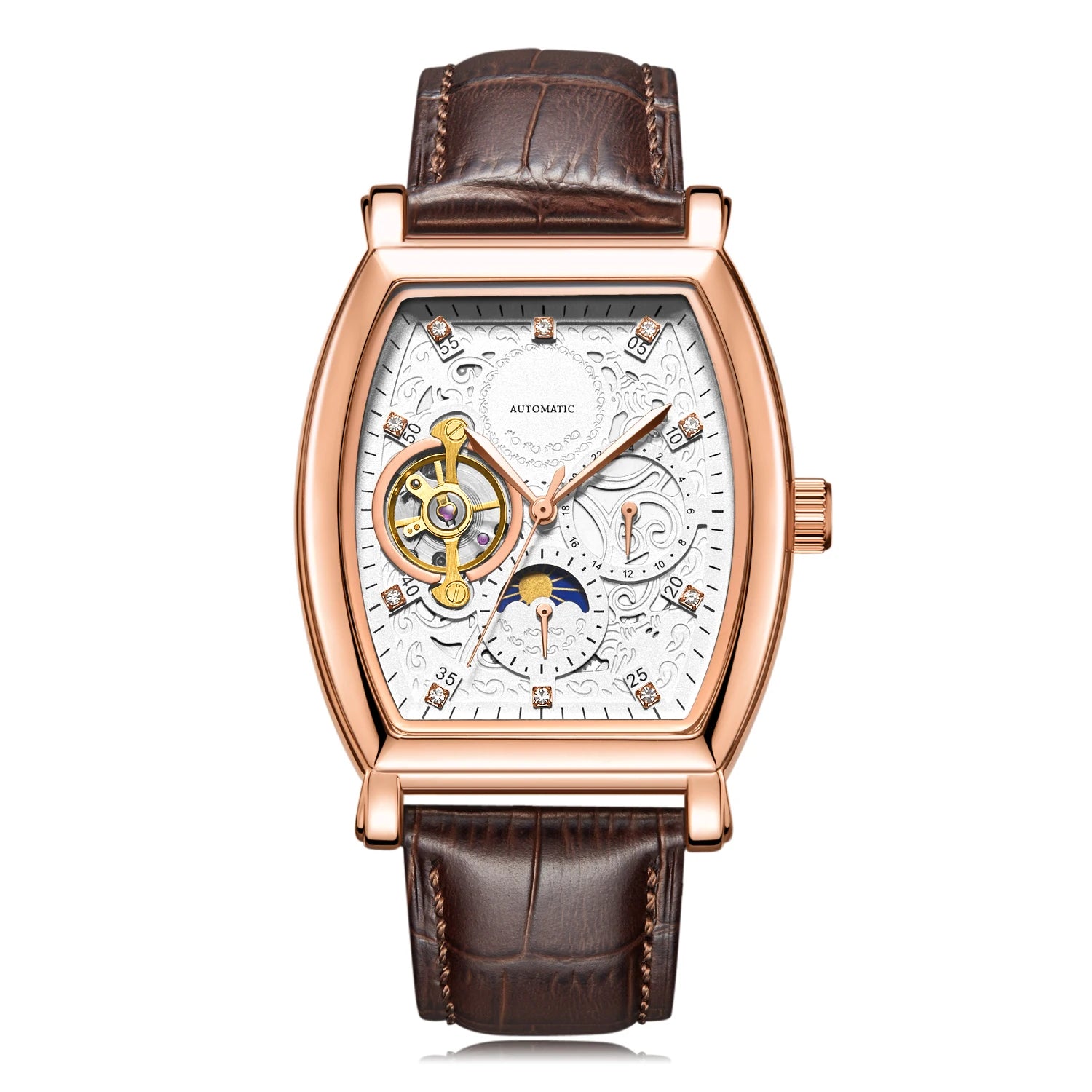 Real Tourbillon Hollow Out Men Watch Luxury Business Leather Automatic Mechanical Moon Watch