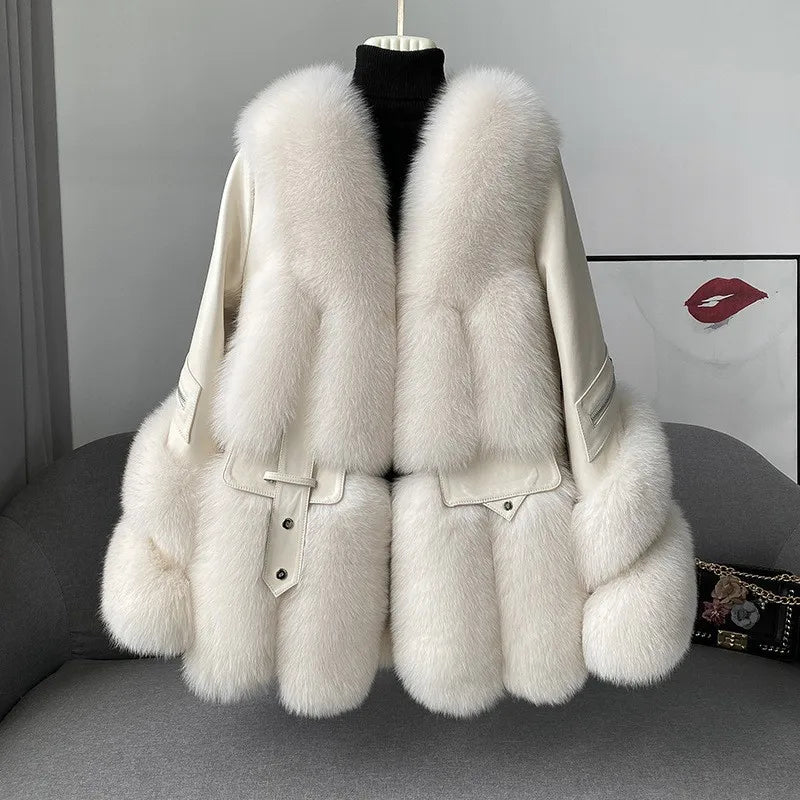 2024 Winter Ladies Real fox Fur Jacket Genuine Sheep Leather Coat with fox Fur Female Fashionable Fur Jackets