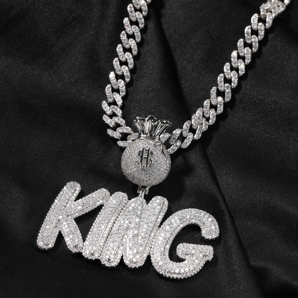 2023 New AAA CZ King Pendant Necklace Iced Out Bling Silver Color Cubic Zirconia US Dollar Buckle Charm Women Men Hiphop Jewelry