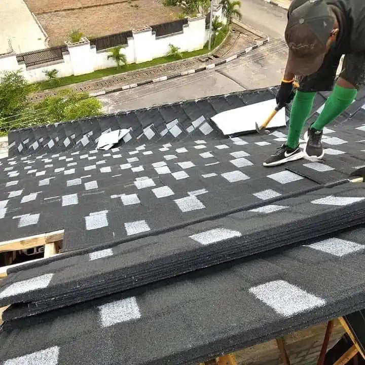 Ghana Stone Chips Coated Steel Roof Shingles Super Tile Roofing Supplier 1340*420 mm