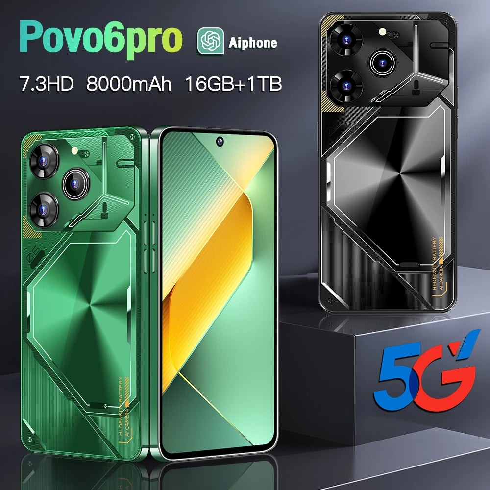2022 Original Povo6pro Global 5G Smartphone 7.0 Inch 16GB+512GB Cellphone GPS Navigation Cheap Original Android Mobile Phone