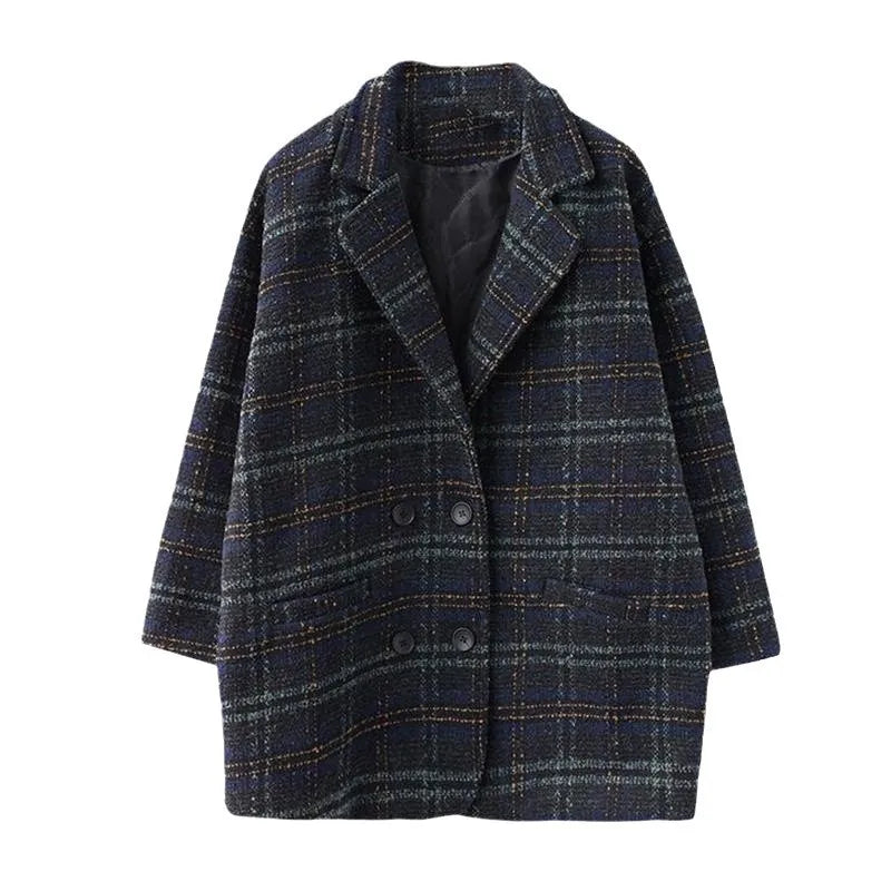 2024 Women Autumn Winter Korean Woolen Coat Plaid New Style Loose Tops Clothes Overcoat Lapel Collar Thick Coat
