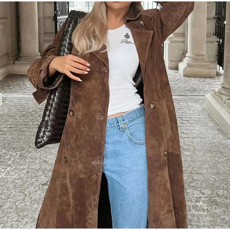 2025 Autumn Winter Elegant Suede Leather Belt Long Trench Brown Coat Fashion Warm Double Button Jacket High Quality Women Coat
