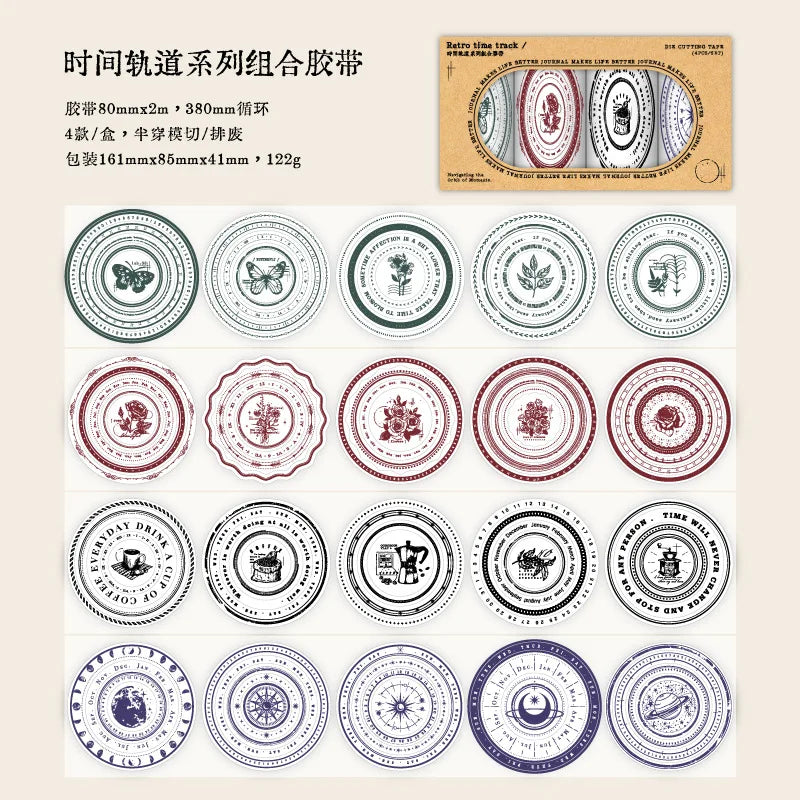 4 Rolls/box Combination Tape Time Track Series Retro Theme Handbook DIY Material Decorative Loop Stickers
