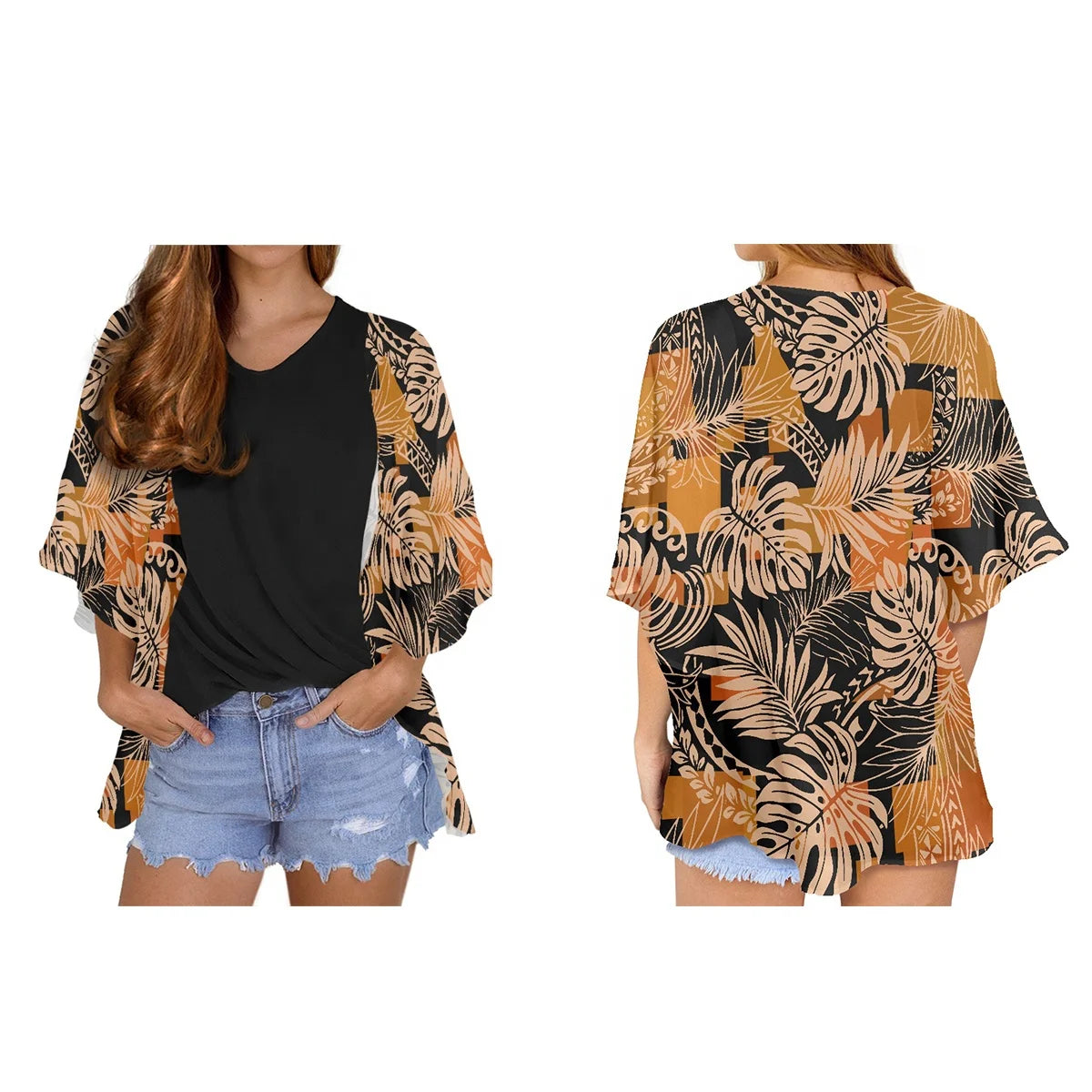 2022 New Arrivals Hawaii Polynesian Tribal Design Chiffon Cardigan Cloak Women's Casual Short Kimono Cardigan Coat Dropshipping