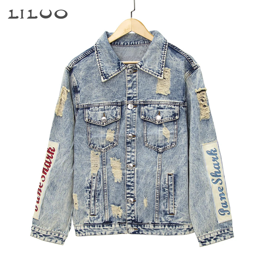 1 Pcs High Quality Male Denim Jacket Casual Solid Color Streetwear Coat Button up Workwear Distressed Patch Pilot Jacket for Men