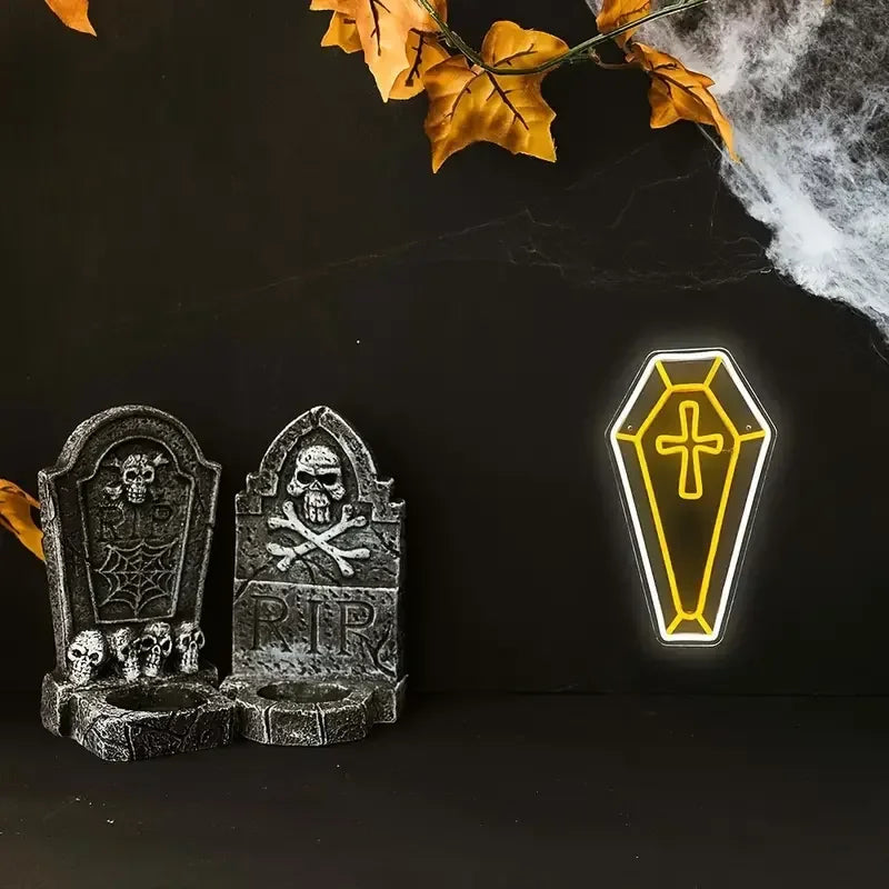 1pc Spooky Halloween Coffin Cross Neon Sign Jesus Cross LED Wall Decor Golden White Adult Gifts Home Decor
