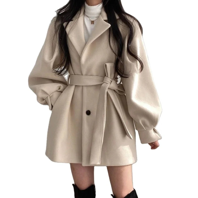 2025 Autumn Winter Women Suit Collar Coat Puff Sleeve Korea Solid Color Button Slim Loose Lady's Overcoat With Belt Casual Coat