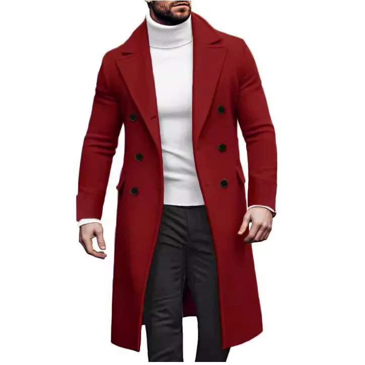 2024 Europe and America  Autumn Winter New Woolen Solid Color Long Sleeve Double Breasted Lapel Collar Men's Long Coat