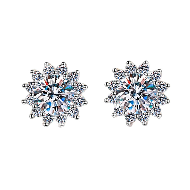 Husky Jewelry Sunflower Fashion Wedding Party 925 Silver Crystal 1Ct*2 VVs1 Moissanite Diamond Stud Earrings