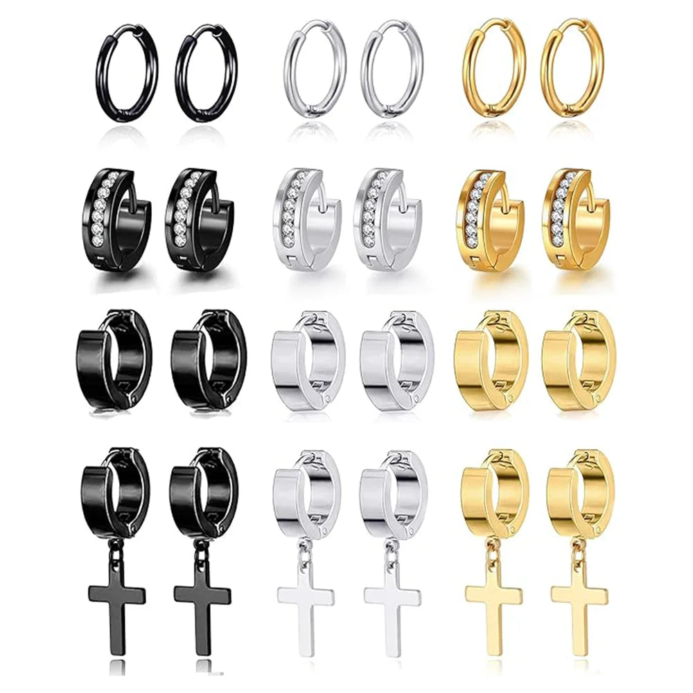 12 Pairs Stainless Steel Small Hoop Earrings Set Huggie Earrings CZ Inlaid Dangle Hinged  Stud Earrings for Mens