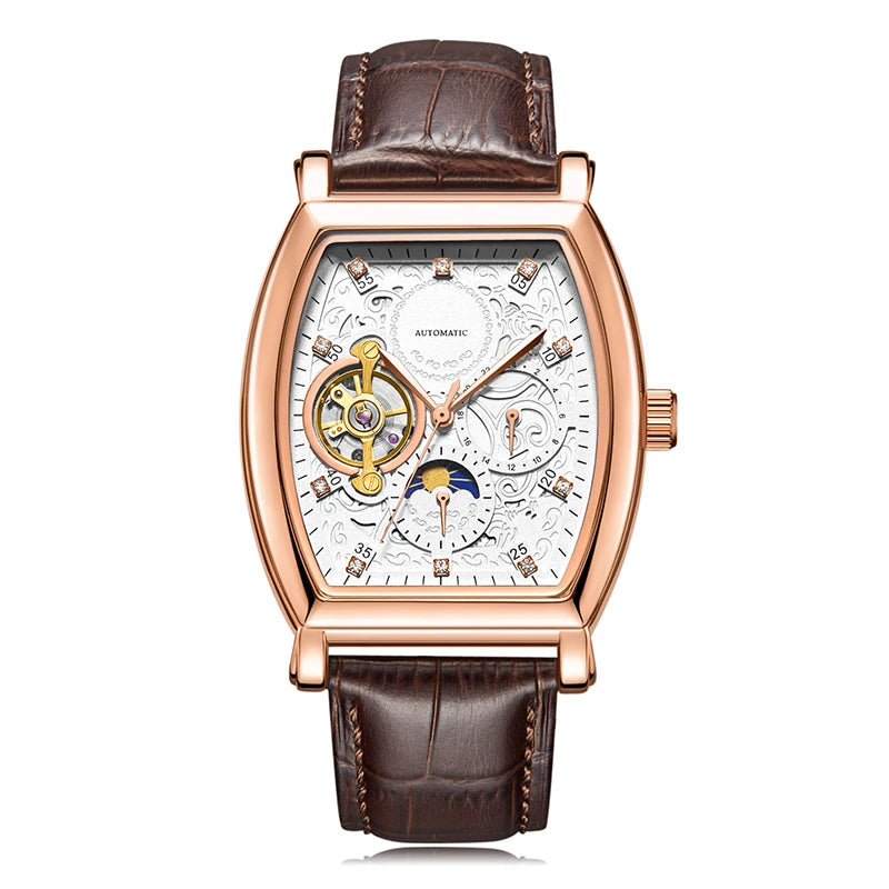 Real Tourbillon Hollow Out Men Watch Luxury Business Leather Automatic Mechanical Moon Watch