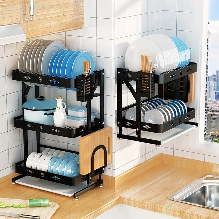 2021 New Wall-mounted/desktop Stainless Steel Foldable Dish Rack Dish Drainer Rack with Drip Tray Kitchen Accessories Organizer