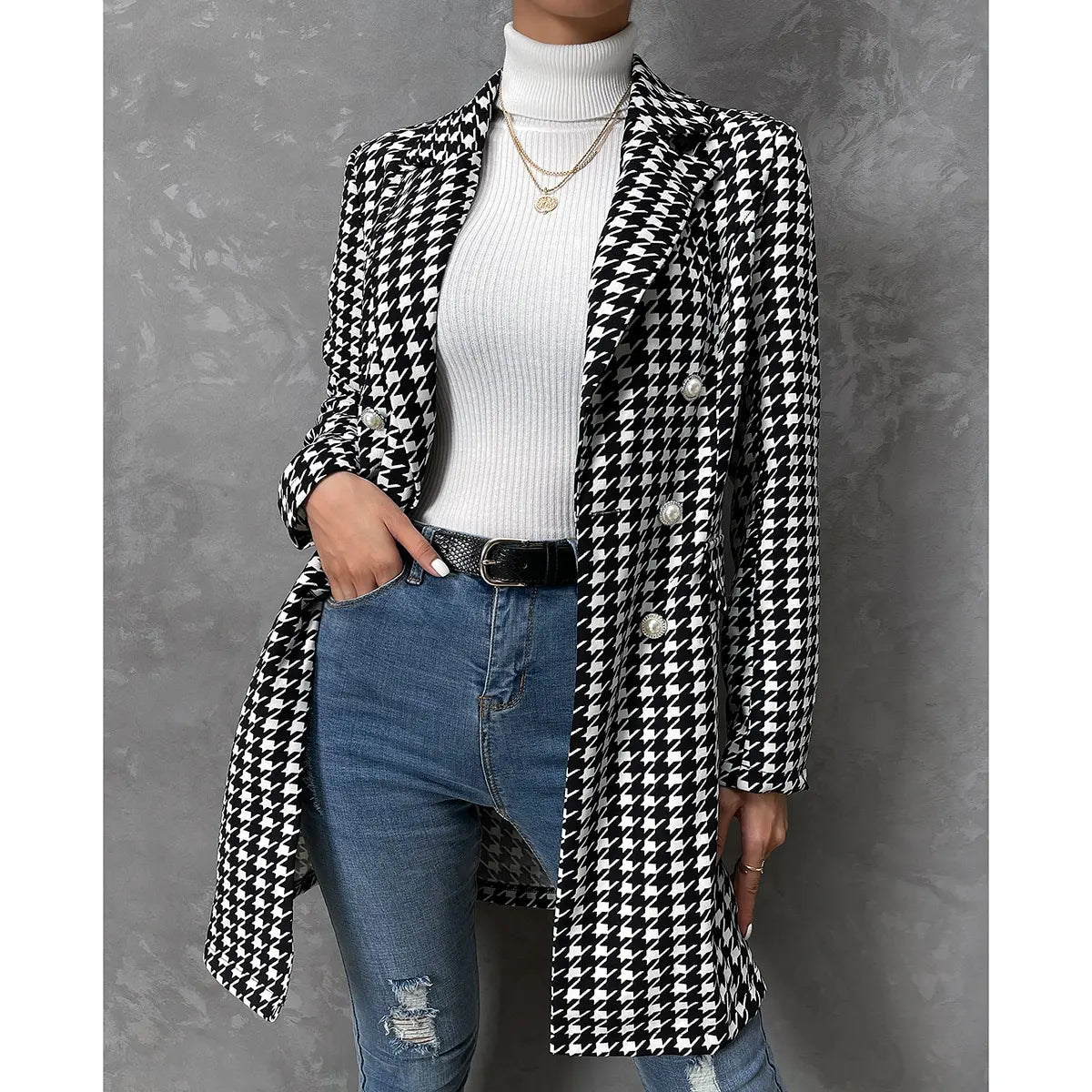 2023 Fashion Plaid Suits Turn Down Collar Double Button Mid-Length Casual Coat Swallow Gird Print Coat for Ladies