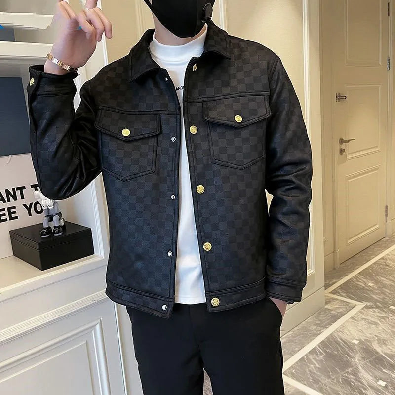 2025 Autumn Winter Suede Plaid Jacket for Men Lapel Slim Fit Casual Business Bomber Jacket Social Streetwear Windbreaker Coat