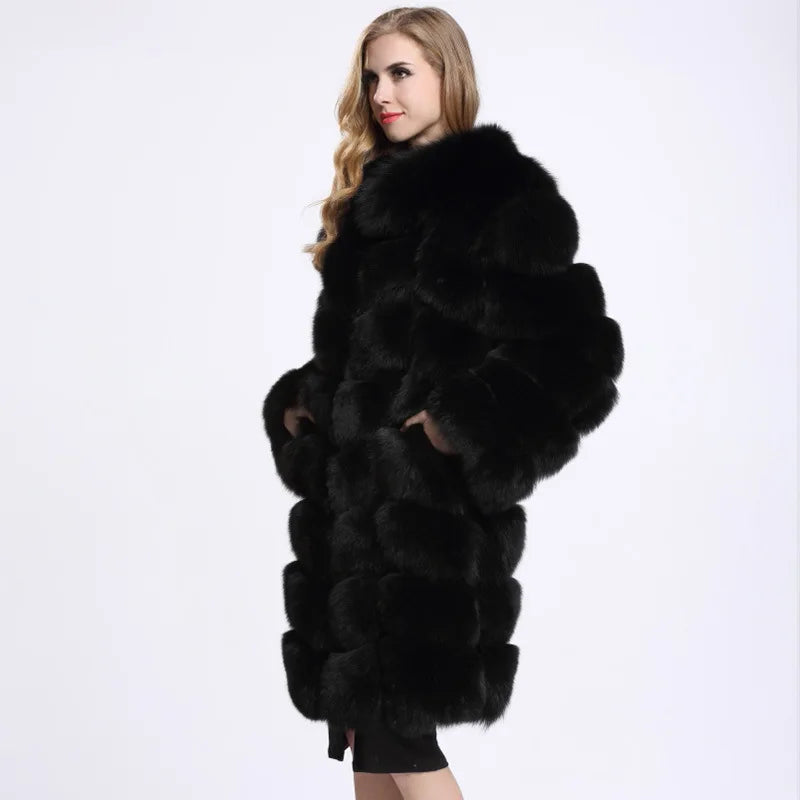 2018 Women's Winter Luxury Faux Fur Coat Long and Warm with Chinchilla Fox Pattern Soft Plaid Design