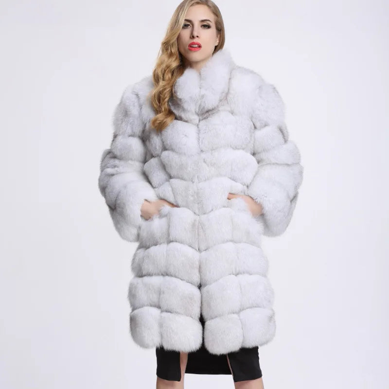 2018 Women's Winter Luxury Faux Fur Coat Long and Warm with Chinchilla Fox Pattern Soft Plaid Design
