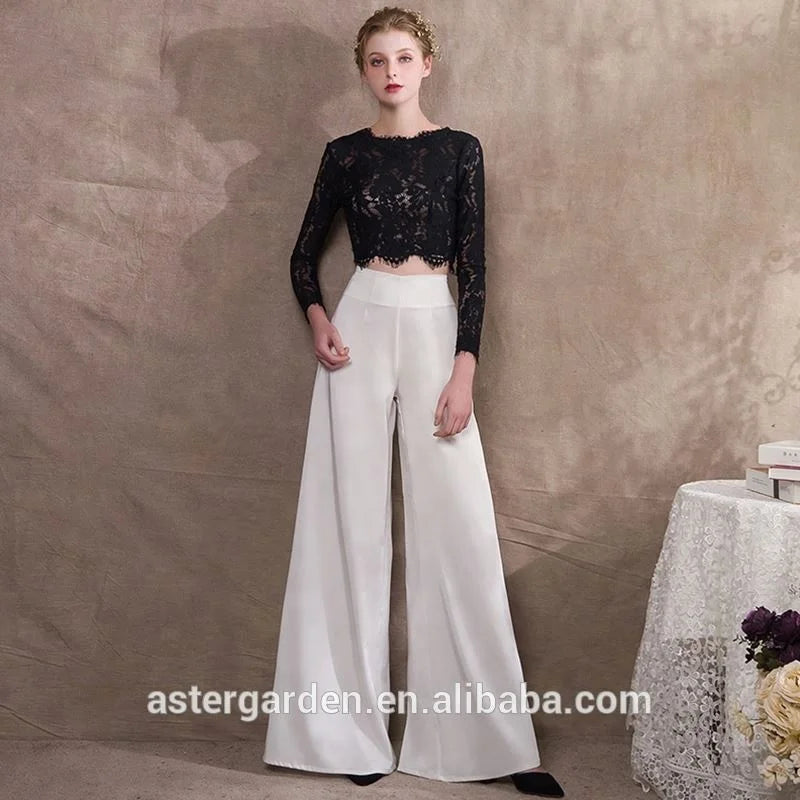 2024 Lady Jumpsuit Dresses Black Lace  Evening Dress Pants Two Piece Long Sleeve Jumpsuit Dresses