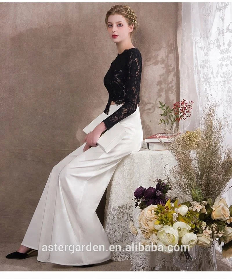 2024 Lady Jumpsuit Dresses Black Lace  Evening Dress Pants Two Piece Long Sleeve Jumpsuit Dresses