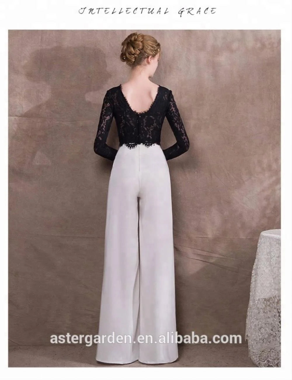 2024 Lady Jumpsuit Dresses Black Lace  Evening Dress Pants Two Piece Long Sleeve Jumpsuit Dresses
