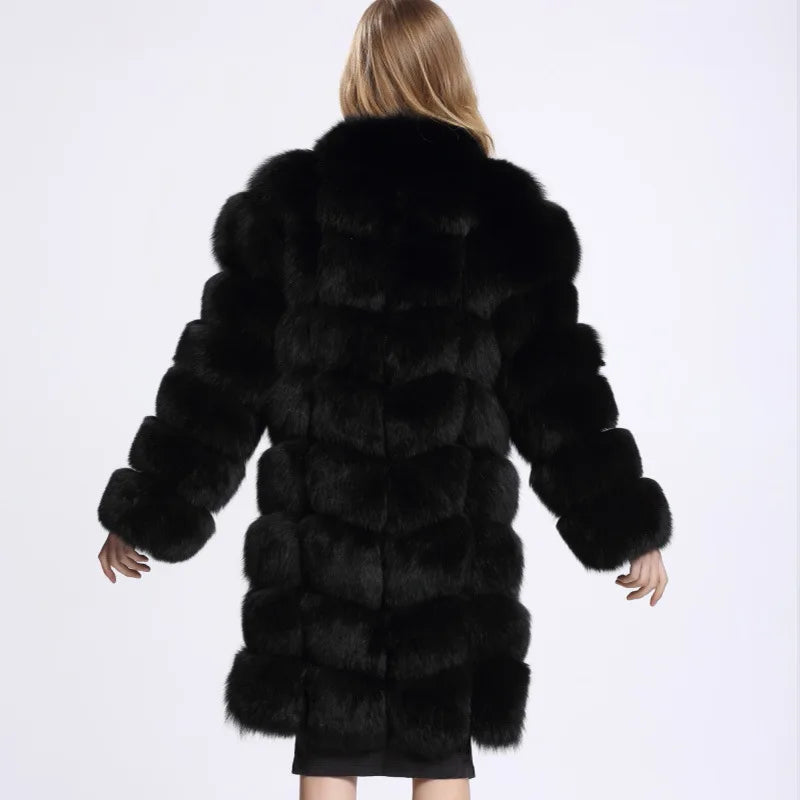 2018 Women's Winter Luxury Faux Fur Coat Long and Warm with Chinchilla Fox Pattern Soft Plaid Design