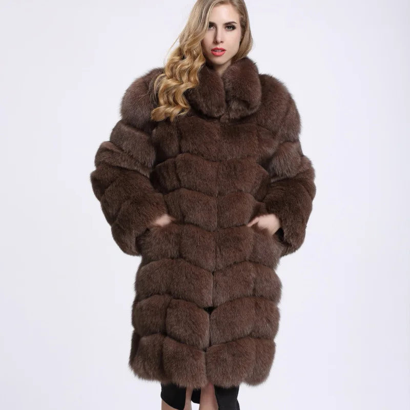 2018 Women's Winter Luxury Faux Fur Coat Long and Warm with Chinchilla Fox Pattern Soft Plaid Design