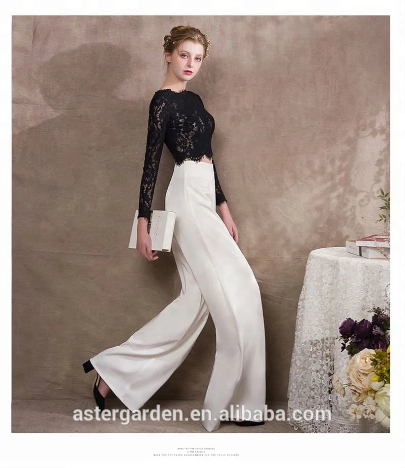 2024 Lady Jumpsuit Dresses Black Lace  Evening Dress Pants Two Piece Long Sleeve Jumpsuit Dresses