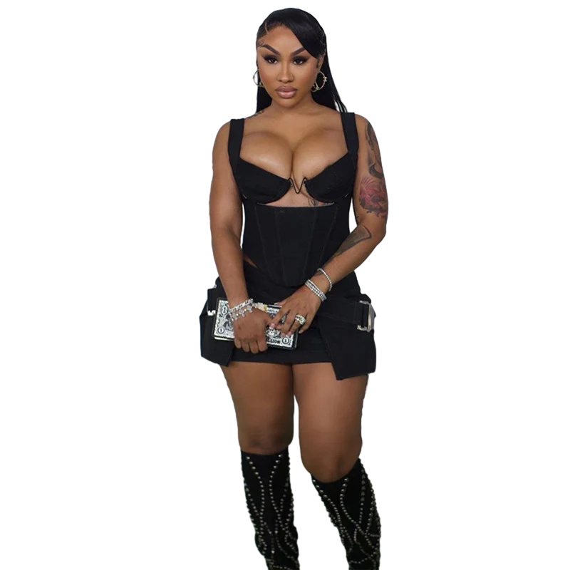 "New 2024 Women'S Sexy Zipper Fashion Solid Color Spliced Tank Top High Waist Wrap Hip Slim Fit Short Skirt 	 2 Piece Set Women"